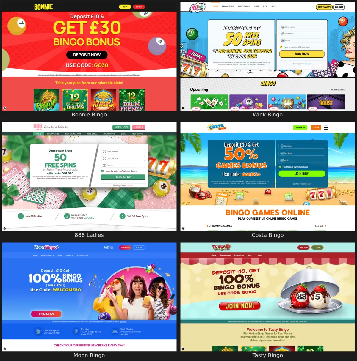 Homepages of Bonnie Bingo, Wink Bingo, 888 Ladies, Costa Bingo, Moon Bingo and Tasty Bingo