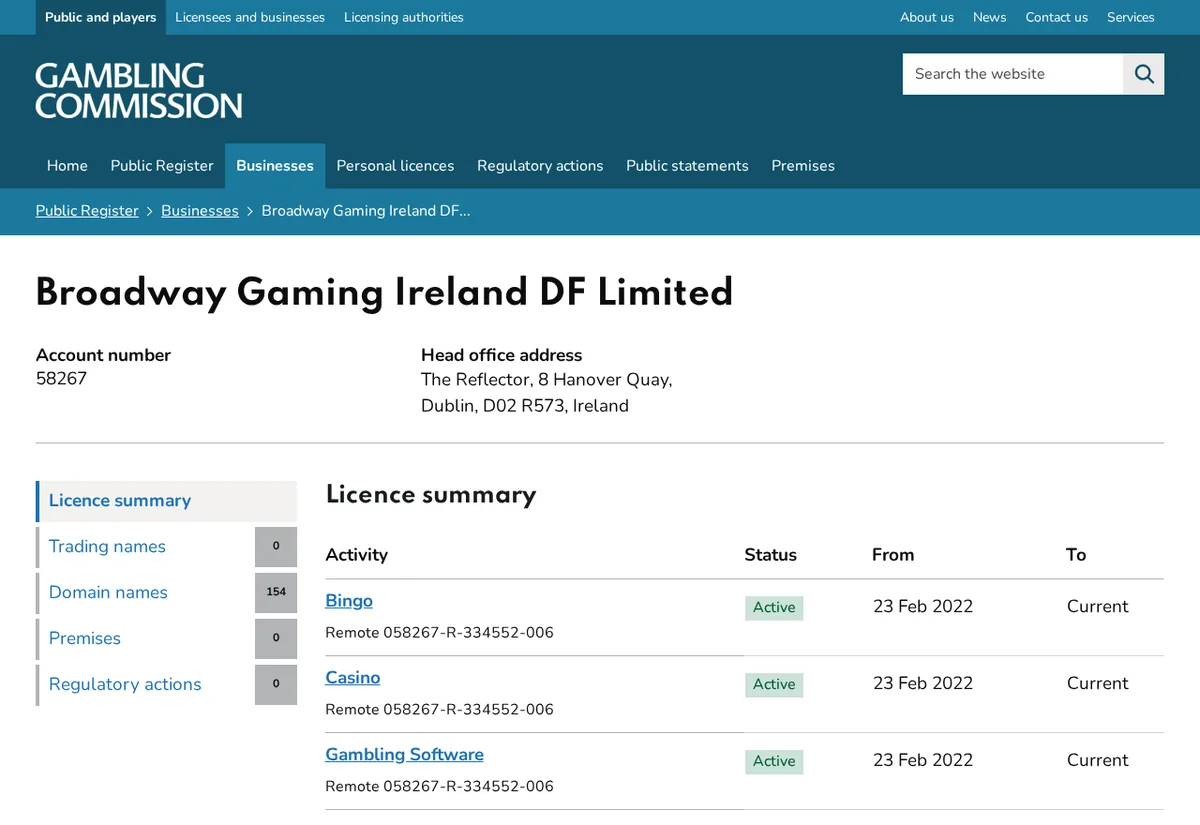 Gambling Commission public register entry for Broadway Gaming Ireland DF Limited, account 58267