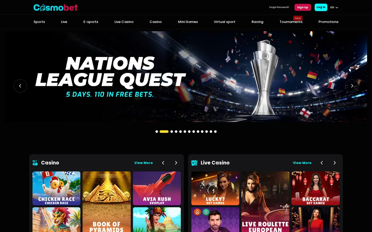 Cosmobet homepage with its space theme