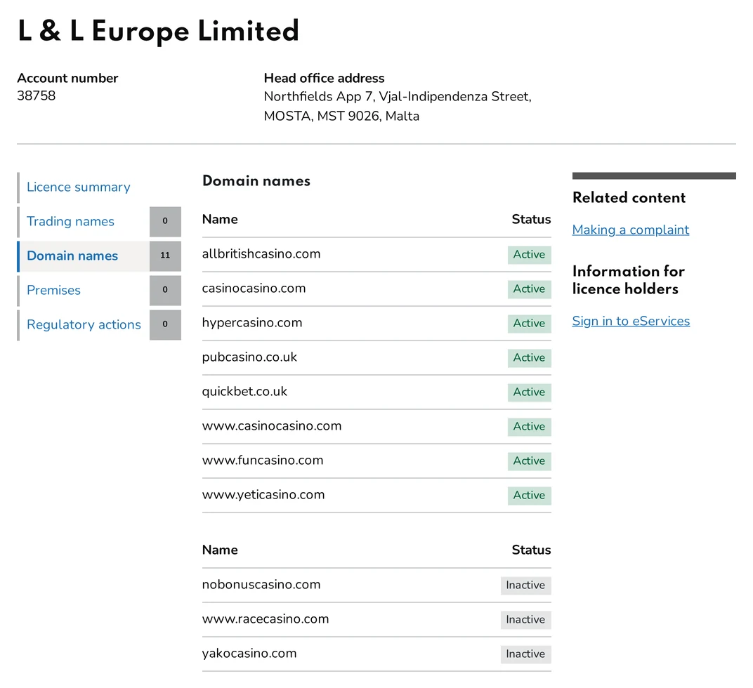 Gambling Commission register entry for L & L Europe Limited, account 38758, listing 8 active and 3 inactive domain names