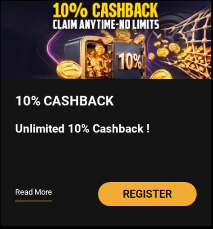 Goldenbet promotion card: 10% cashback, claim any time