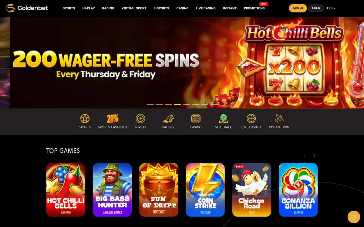Goldenbet homepage with its wager-free spins banner