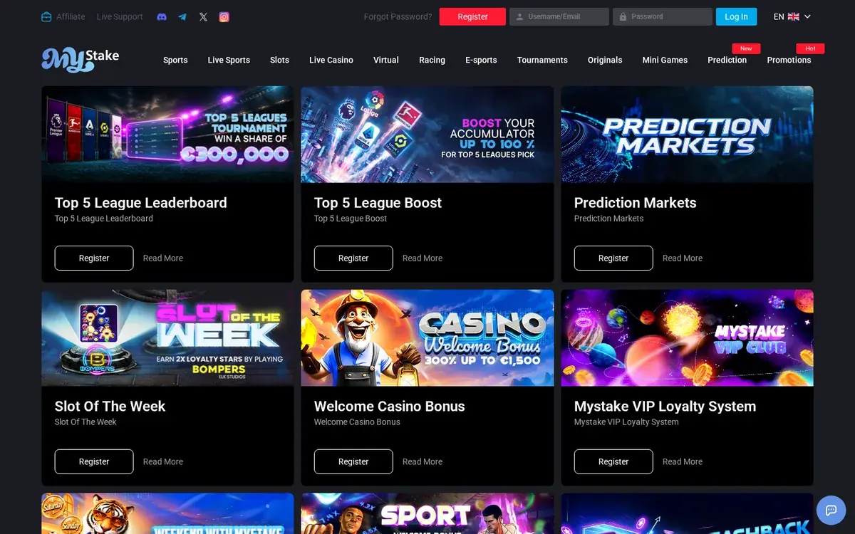 MyStake promotions page showing the 300% up to €1,500 casino welcome