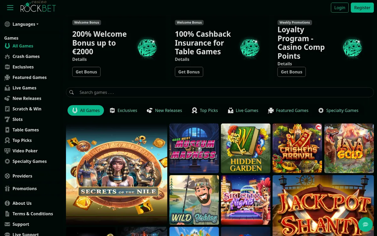 Rockbet homepage showing the 200% welcome bonus and cashback insurance cards