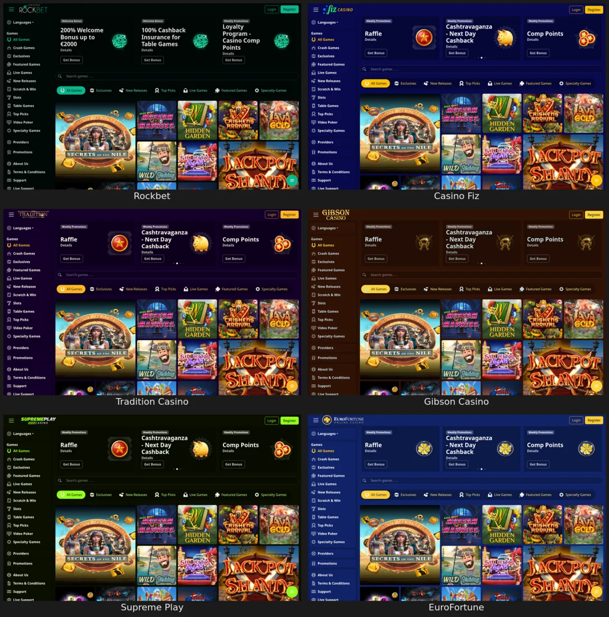 Lobbies of Rockbet, Casino Fiz, Tradition Casino, Gibson Casino, Supreme Play and EuroFortune side by side