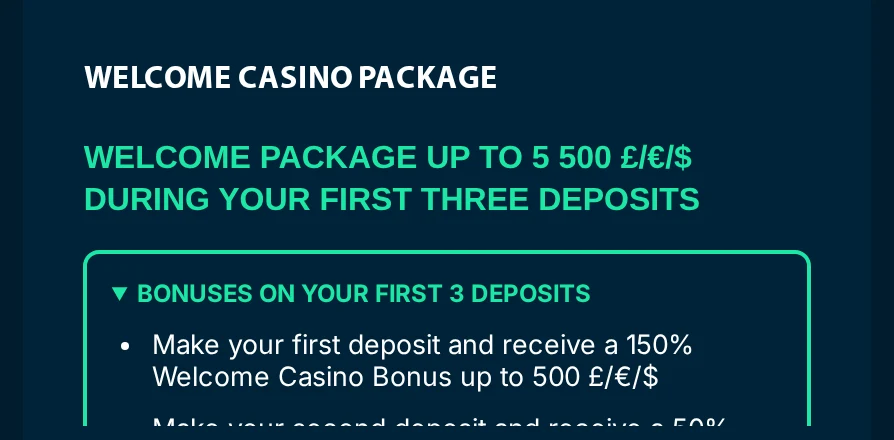 Rolletto Welcome Casino Package promotion card, up to 5,500 over the first 3 deposits