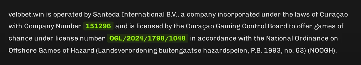 Velobet company details naming Santeda International B.V. and licence OGL/2024/1798/1048
