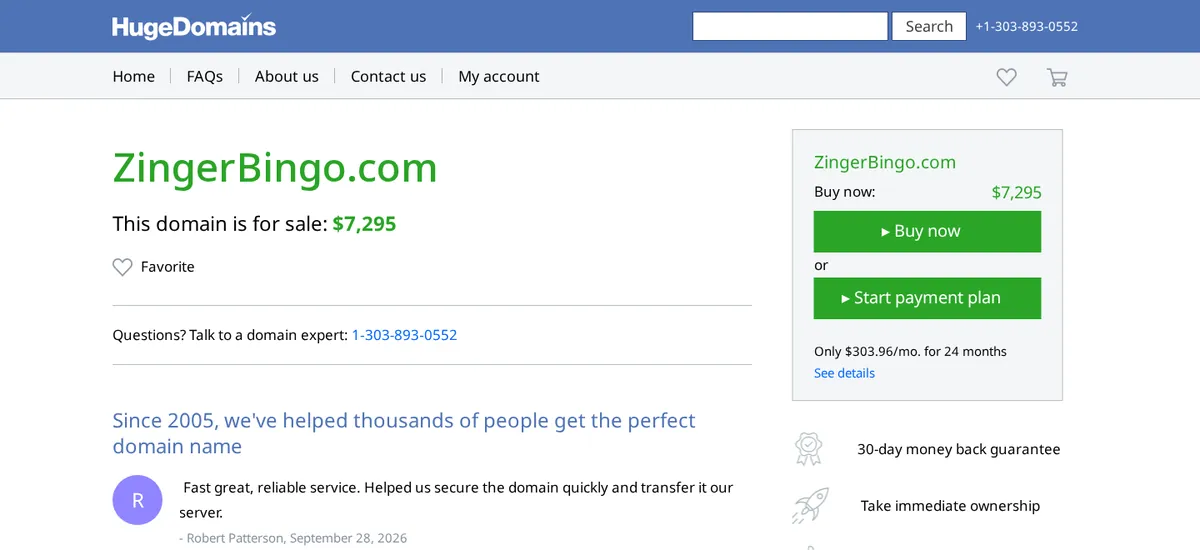 zingerbingo.com listed for sale on a domain marketplace