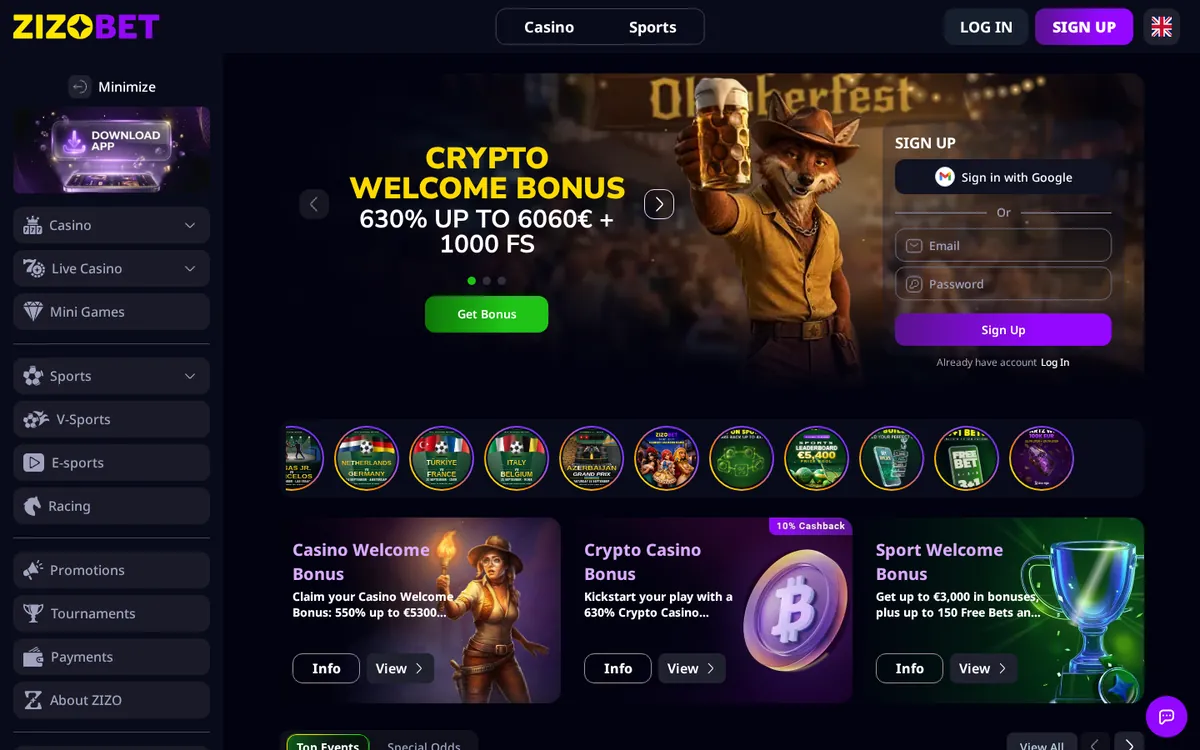 Zizobet homepage with its welcome offers